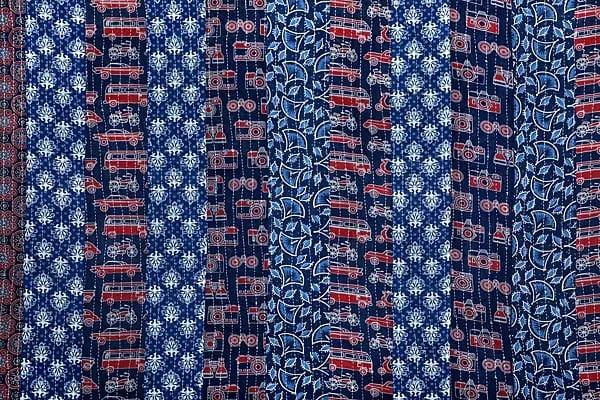 Exotic India True-Blue Floral Printed Bedcover From Jaipur With Patchwork And Kantha Straight Stitch 