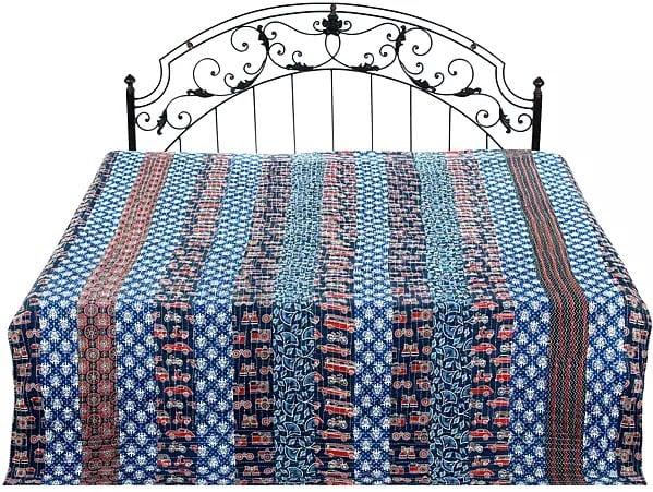 exotic india True-Blue Floral Printed Bedcover from Jaipur with Patchwork and Kantha Straight Stitch 