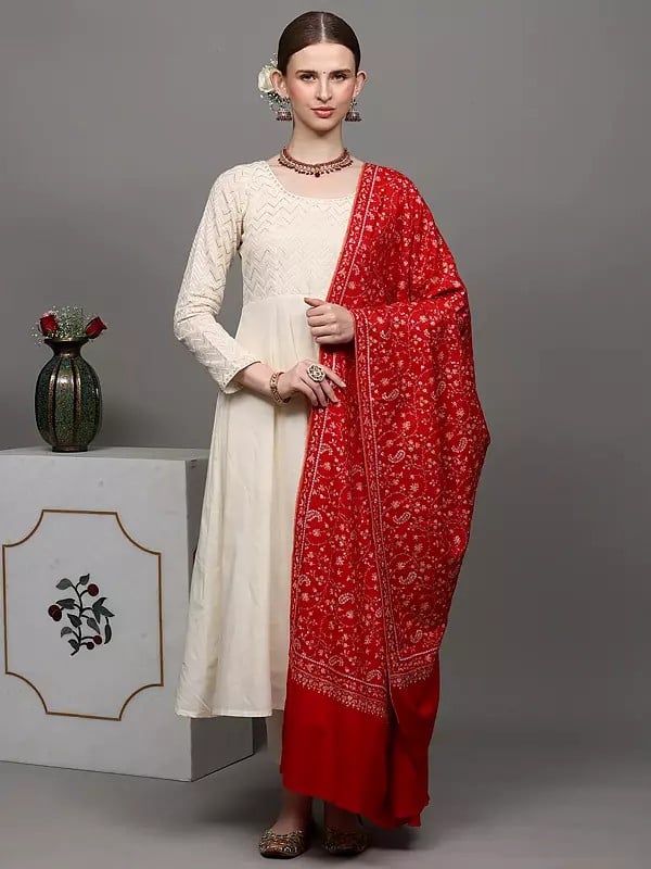 Exotic India True-Red Pure Pashmina Shawl With Sozni Embroidered Paisley Jaal 