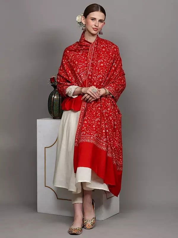 Exotic India True-Red Pure Pashmina Shawl With Sozni Embroidered Paisley Jaal 
