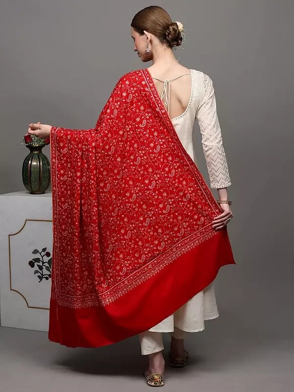 Exotic India True-Red Pure Pashmina Shawl With Sozni Embroidered Paisley Jaal 