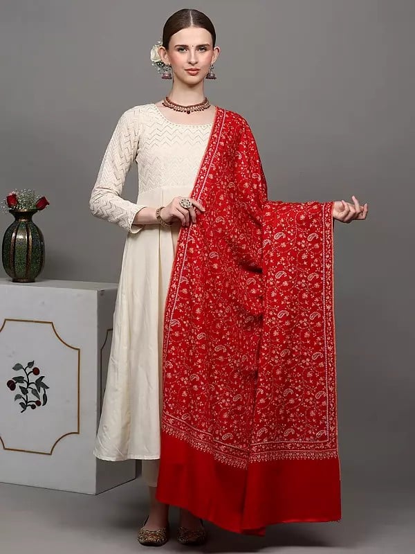 exotic india True-Red Pure Pashmina Shawl with Sozni Embroidered Paisley Jaal 
