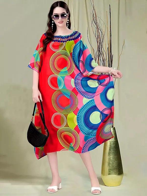 Exotic India True-Red Rayon Midi Kaftan With Printed Circular Pattern 