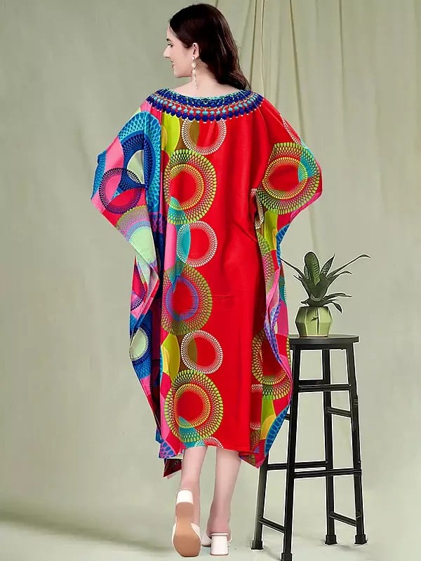 Exotic India True-Red Rayon Midi Kaftan With Printed Circular Pattern 