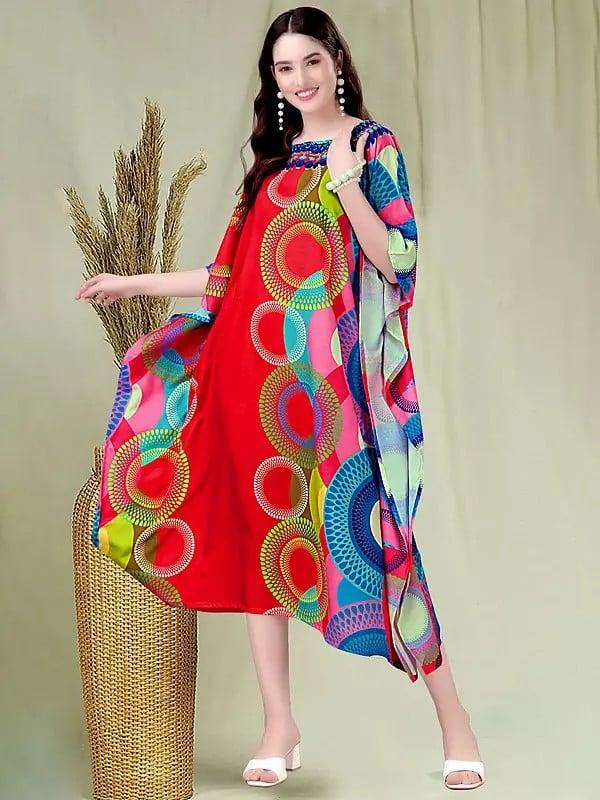 exotic india True-Red Rayon Midi Kaftan with Printed Circular Pattern 