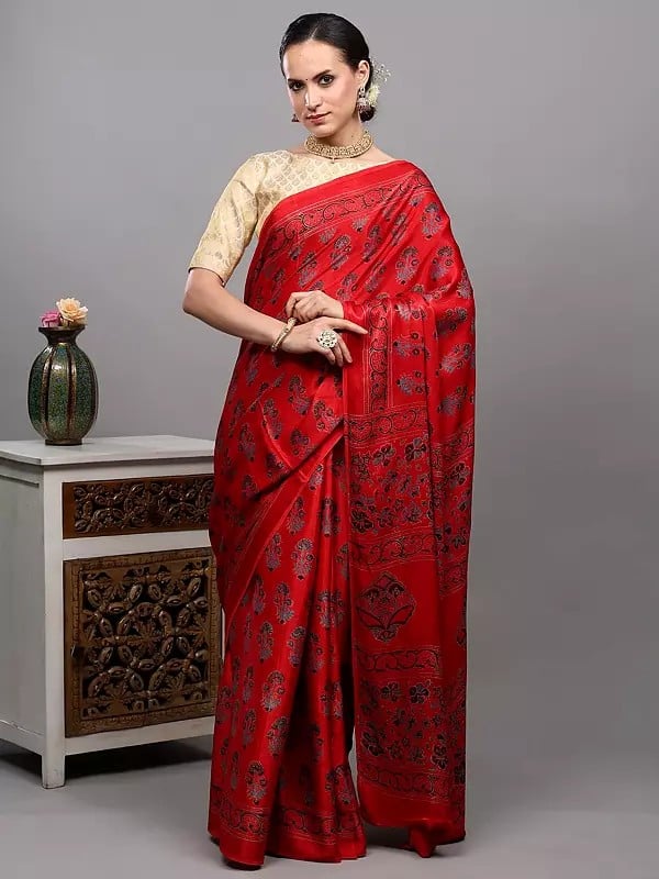 Exotic India True-Red Silk Saree With Bagru Block Printed Floral Bootis From Madhya Pradesh 