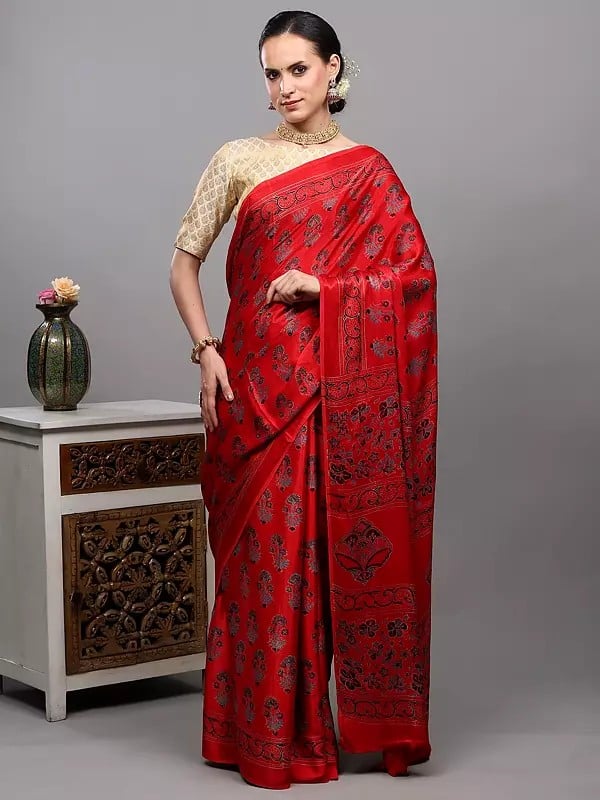 Exotic India True-Red Silk Saree With Bagru Block Printed Floral Bootis From Madhya Pradesh 