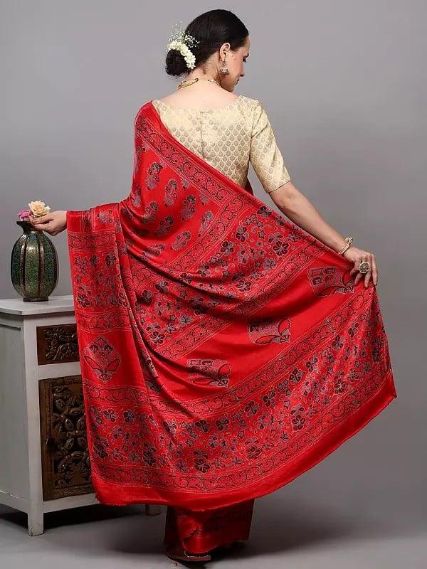Exotic India True-Red Silk Saree With Bagru Block Printed Floral Bootis From Madhya Pradesh 