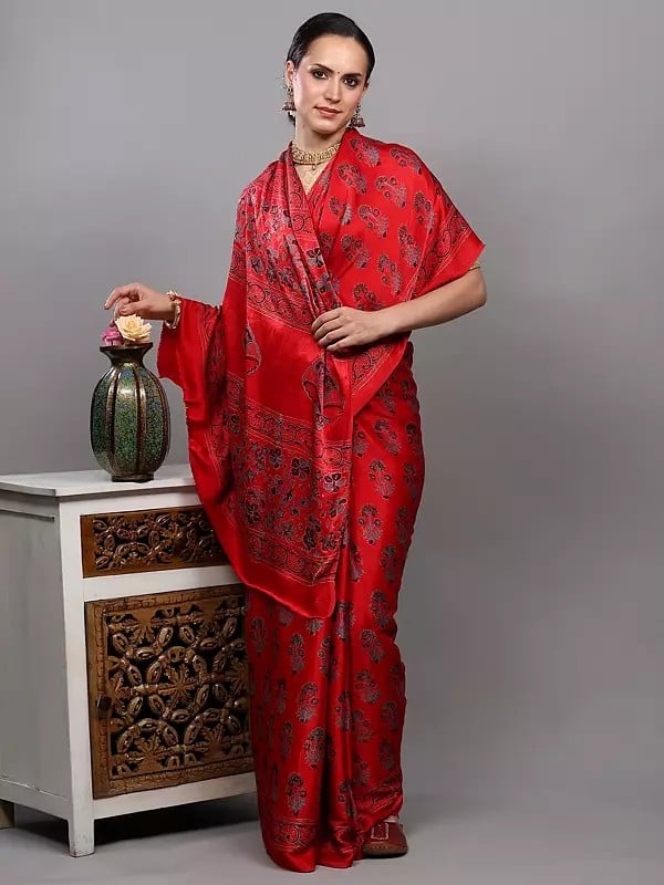 exotic india True-Red Silk Saree with Bagru Block Printed Floral Bootis from Madhya Pradesh 
