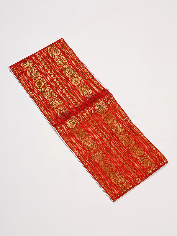 Exotic India True-Red Velcro Closure Dhoti Belt With Golden Thread Woven Phool Bail And Zip Pouch/Pocket 
