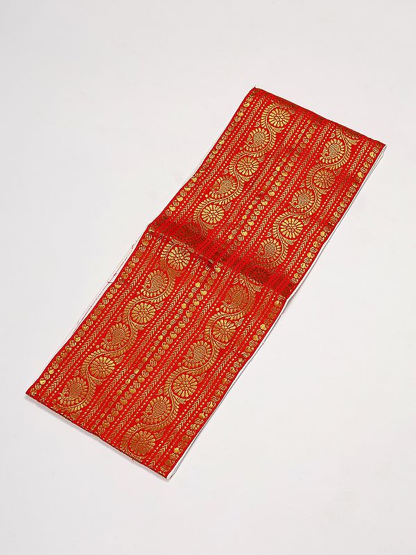 Exotic India True-Red Velcro Closure Dhoti Belt With Golden Thread Woven Phool Bail And Zip Pouch/Pocket 