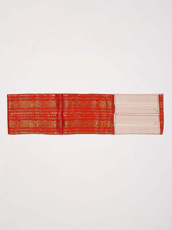 Exotic India True-Red Velcro Closure Dhoti Belt With Golden Thread Woven Phool Bail And Zip Pouch/Pocket 
