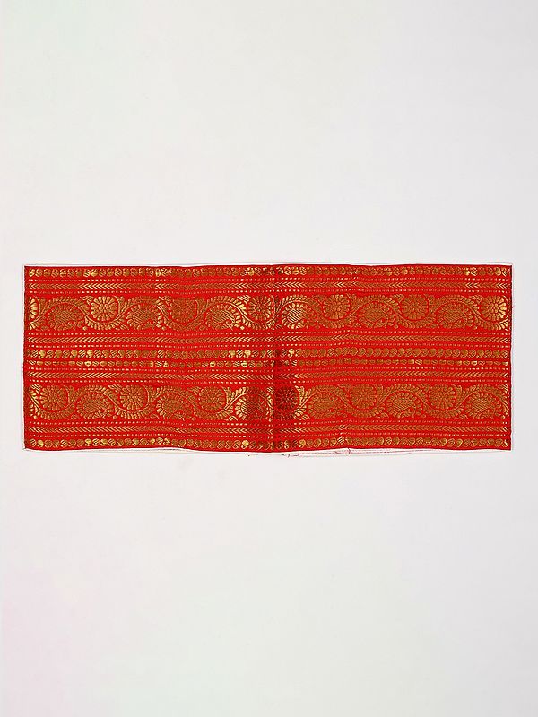 exotic india True-Red Velcro Closure Dhoti Belt with Golden Thread Woven Phool Bail and Zip Pouch/Pocket 