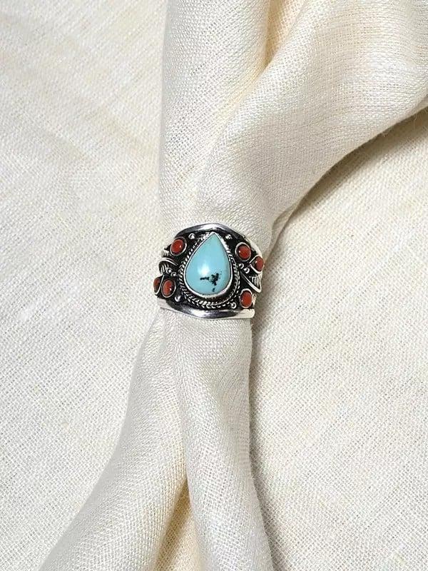 Exotic India Turquoise Adjustable Ring With Coral Gemstones 