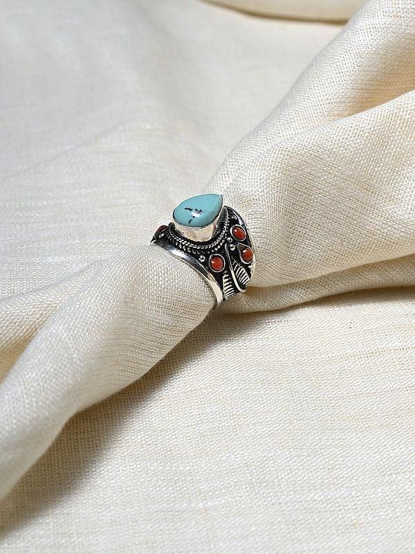 Exotic India Turquoise Adjustable Ring With Coral Gemstones 