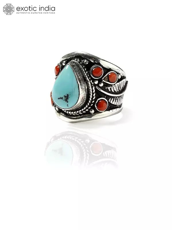 Exotic India Turquoise Adjustable Ring With Coral Gemstones 