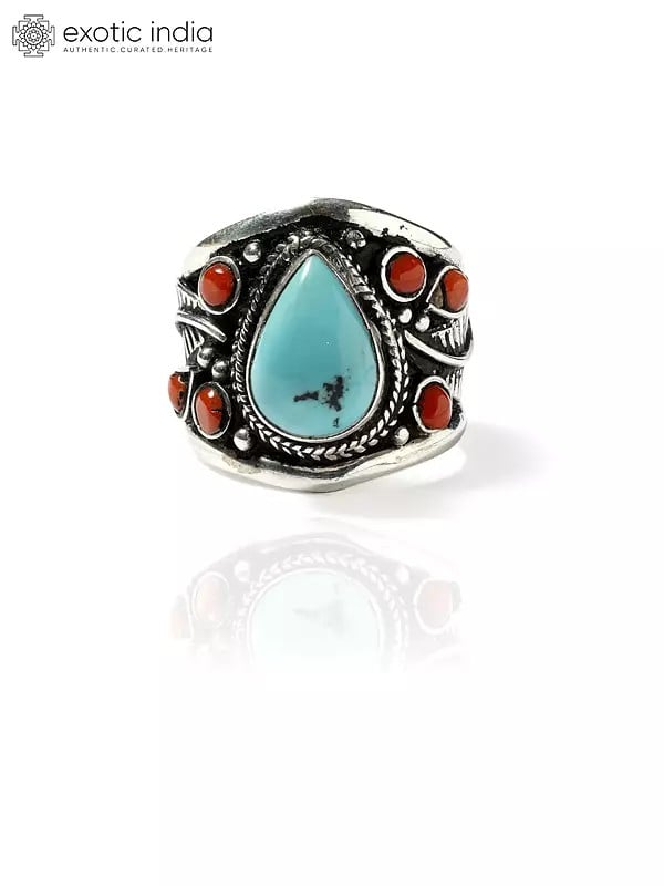 exotic india Turquoise Adjustable Ring with Coral Gemstones 