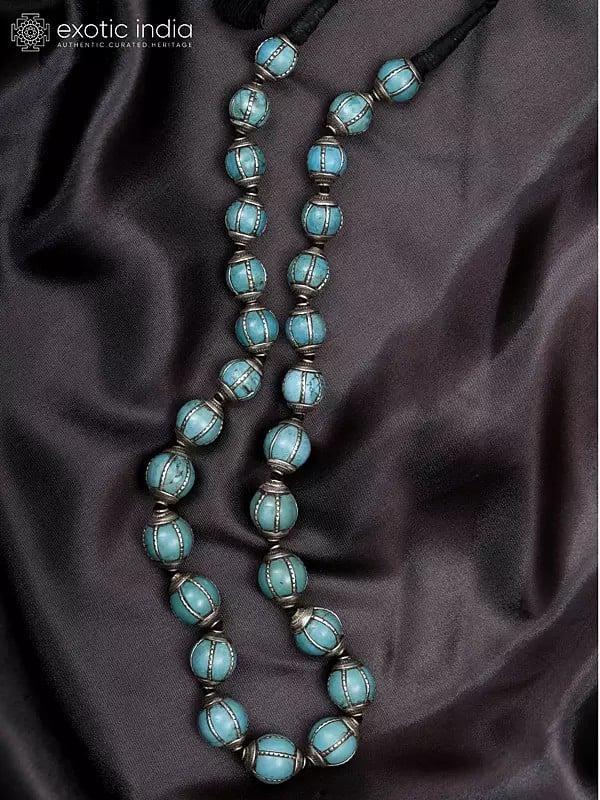 exotic india Turquoise Beads necklace With Patterned Silver Border 