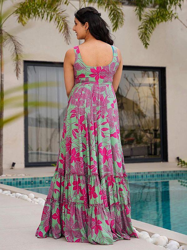 Exotic India Turquoise-Green Floral Print Heavy Rayon Elegant Flared Gown For Festive Occasion 