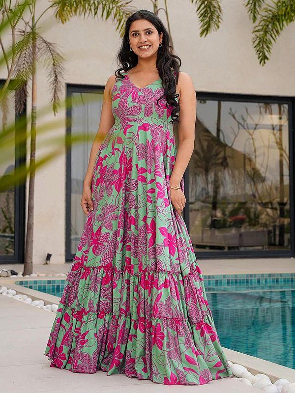 exotic india Turquoise-Green Floral Print Heavy Rayon Elegant Flared Gown For Festive Occasion 