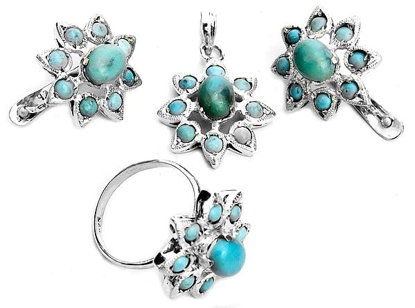 exotic india Turquoise Pendant with Earrings and Ring Set 