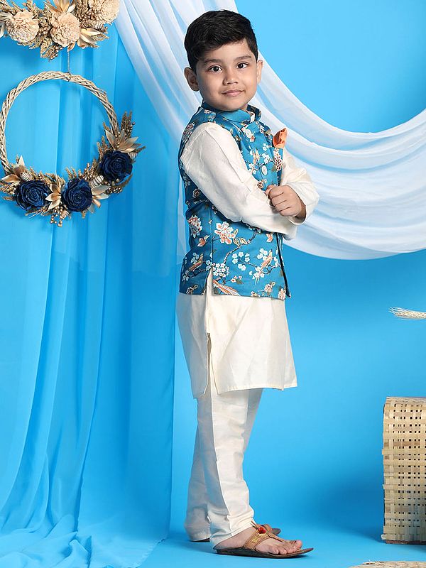 Exotic India Turquoise Silk Blend Digital Floral-Bird Printed Modi Jacket With Viscose Cream Kurta Pajama 