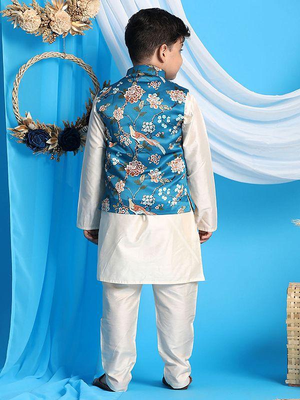 Exotic India Turquoise Silk Blend Digital Floral-Bird Printed Modi Jacket With Viscose Cream Kurta Pajama 