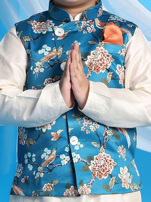 Exotic India Turquoise Silk Blend Digital Floral-Bird Printed Modi Jacket With Viscose Cream Kurta Pajama 