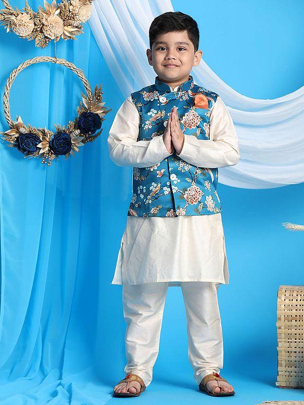 exotic india Turquoise Silk Blend Digital Floral-Bird Printed Modi Jacket With Viscose Cream Kurta Pajama 