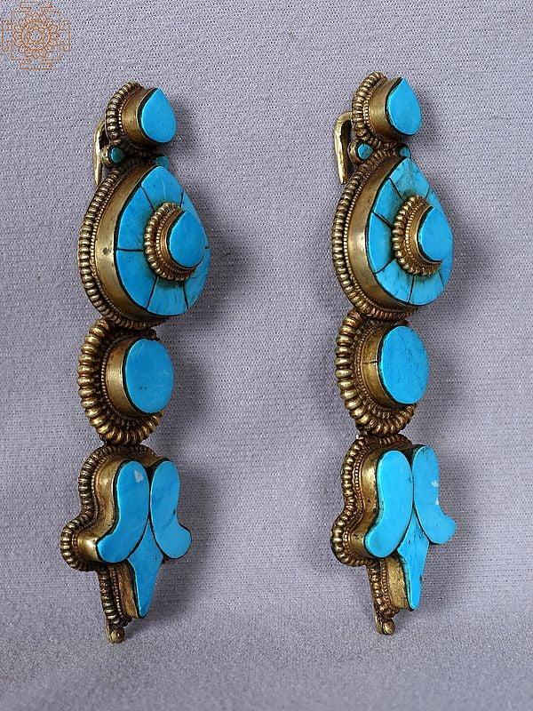Exotic India Turquoise Stone Earrings From Nepal | Stone In Copper Earrings