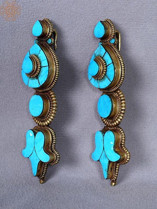 Exotic India Turquoise Stone Earrings From Nepal | Stone In Copper Earrings