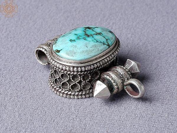 Exotic India Turquoise Tibetan Ghau Silver Pendant From Nepal
