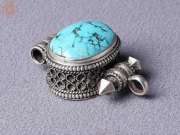 Exotic India Turquoise Tibetan Ghau Silver Pendant From Nepal 
