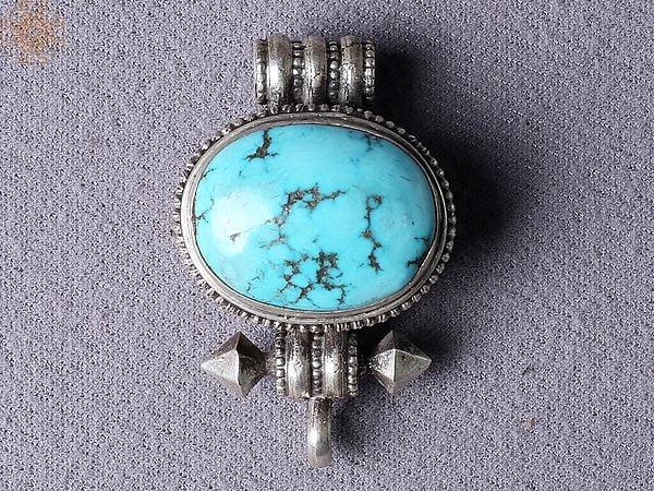 exotic india Turquoise Tibetan Ghau Silver Pendant from Nepal