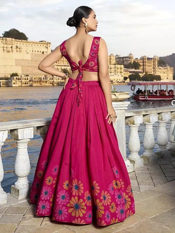 Exotic India Tussar Silk Floral Print And Foil Work Designer Party Wear Lehenga Choli With Tassels Dupatta 