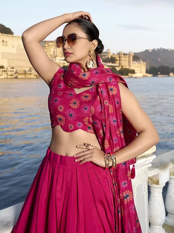 Exotic India Tussar Silk Floral Print And Foil Work Designer Party Wear Lehenga Choli With Tassels Dupatta 