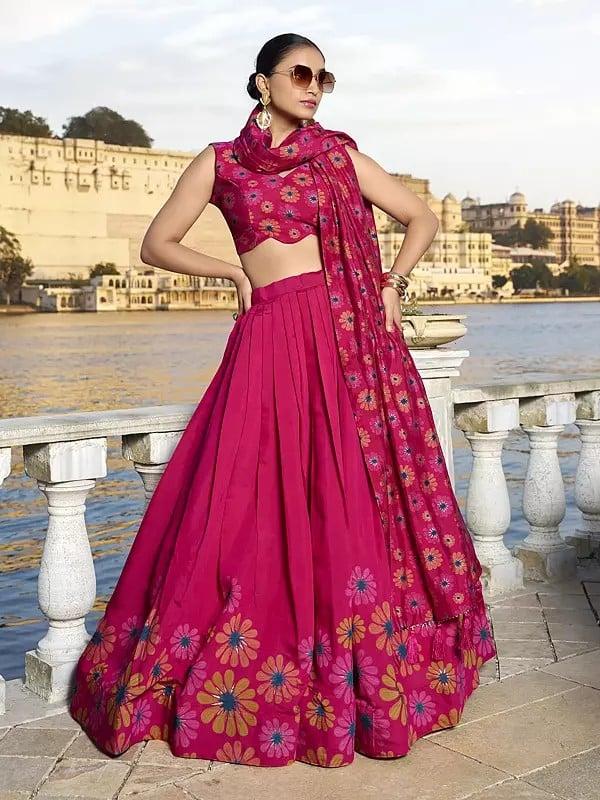exotic india Tussar Silk Floral Print And Foil Work Designer Party Wear Lehenga Choli With Tassels Dupatta 