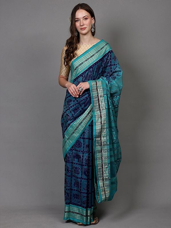 Exotic India Twilight-Blue Pure Cotton Ikat Handloom Saree With Animal Motifs And Fish Weave Border From Sambhalpur 