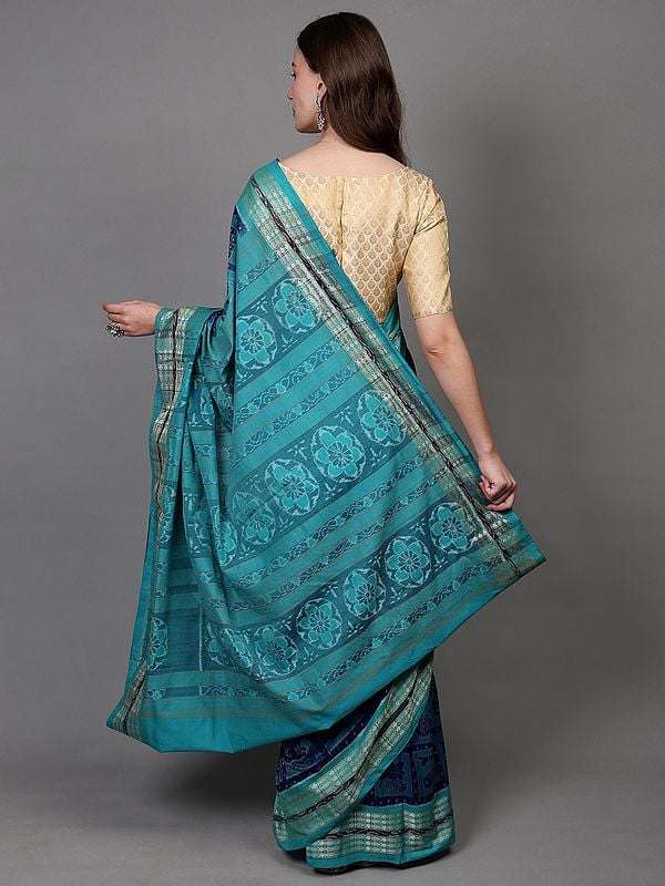 Exotic India Twilight-Blue Pure Cotton Ikat Handloom Saree With Animal Motifs And Fish Weave Border From Sambhalpur 