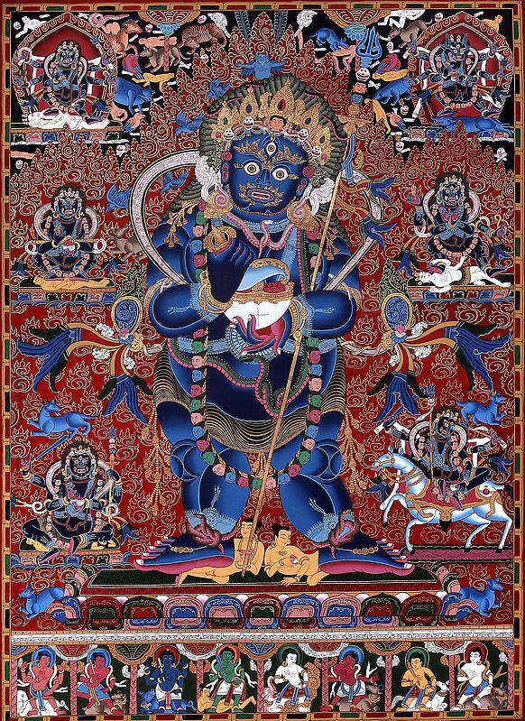 exotic india Two Armed Standing Mahakala - Superfine Brocadeless Thangka 