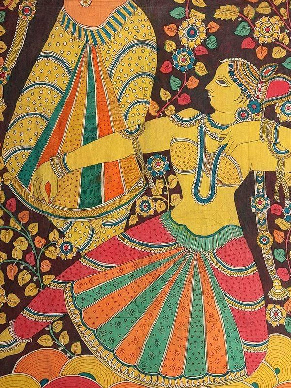 Exotic India Two Dancing Apsaras | Kalamkari Painting 