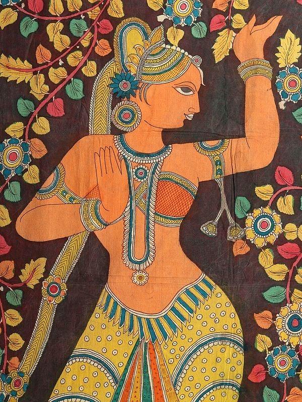 Exotic India Two Dancing Apsaras | Kalamkari Painting 