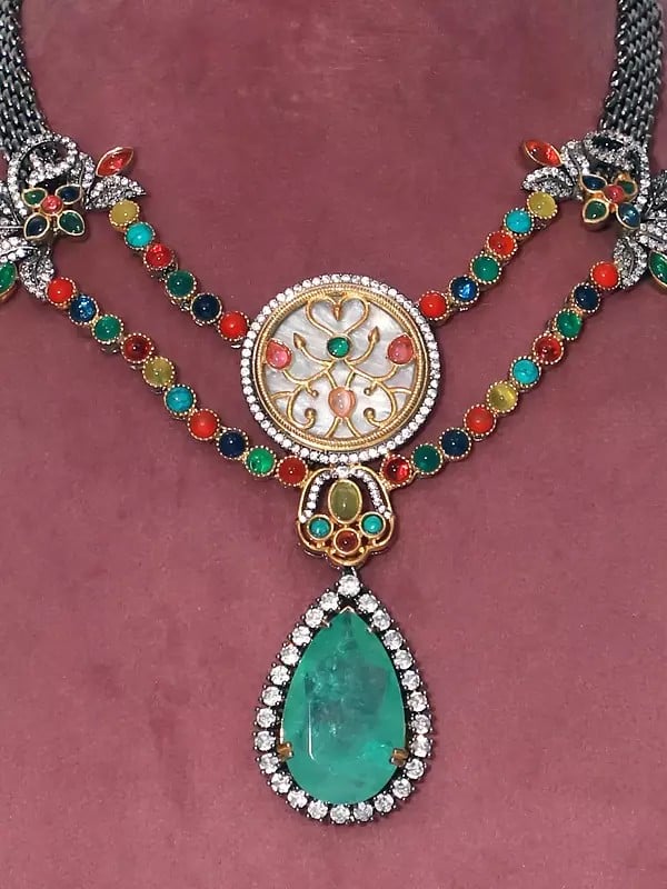 Exotic India Two Layered Beautiful Embellished Stone Studded Necklace Set With Earrings 