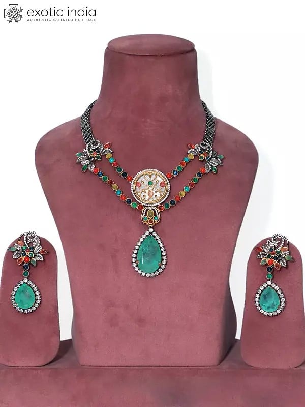 exotic india Two Layered Beautiful Embellished Stone Studded Necklace Set With Earrings 
