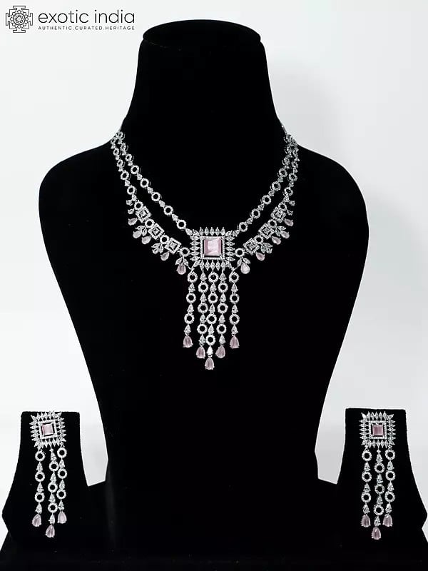 exotic india Two Layered Stone Studded American Diamond Necklace Set With Earrings 