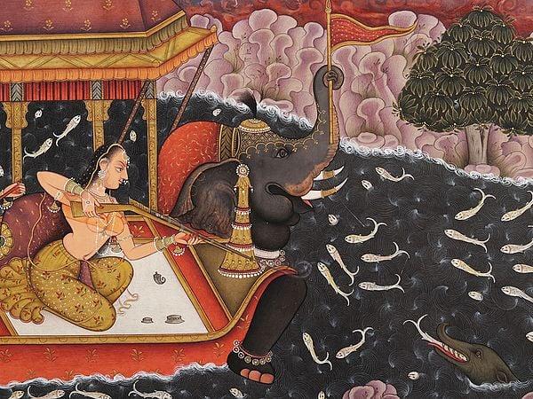 Exotic India Two Mughal Ladies Hunting Crocodile | Watercolor On Paper 