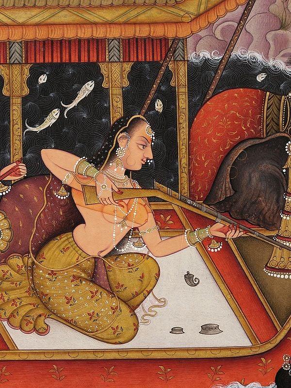 Exotic India Two Mughal Ladies Hunting Crocodile | Watercolor On Paper 