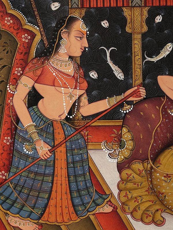 Exotic India Two Mughal Ladies Hunting Crocodile | Watercolor On Paper 