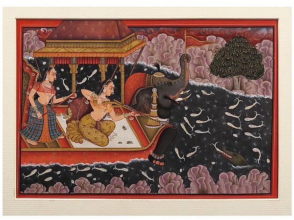 exotic india Two Mughal Ladies Hunting Crocodile | Watercolor on Paper 