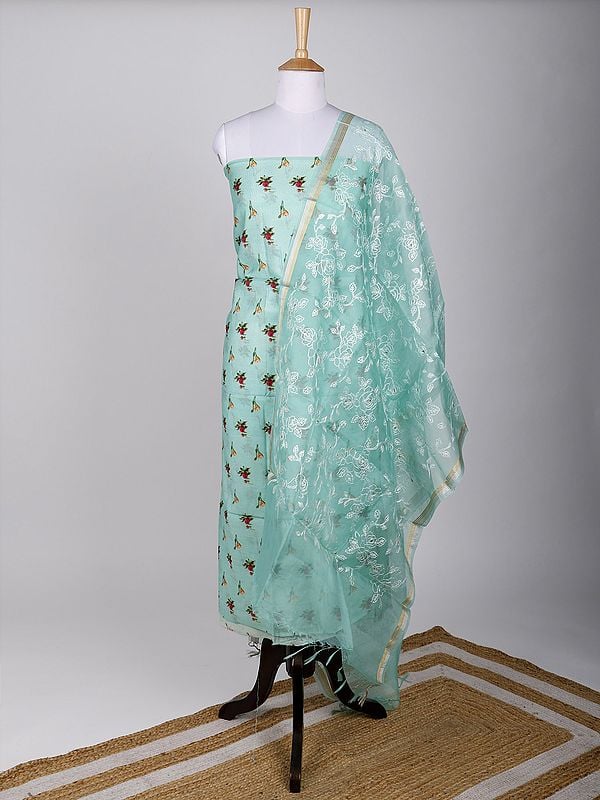 exotic india Two-Piece Digital Printed Kurti Fabric with Chanderi Embroidered Dupatta 